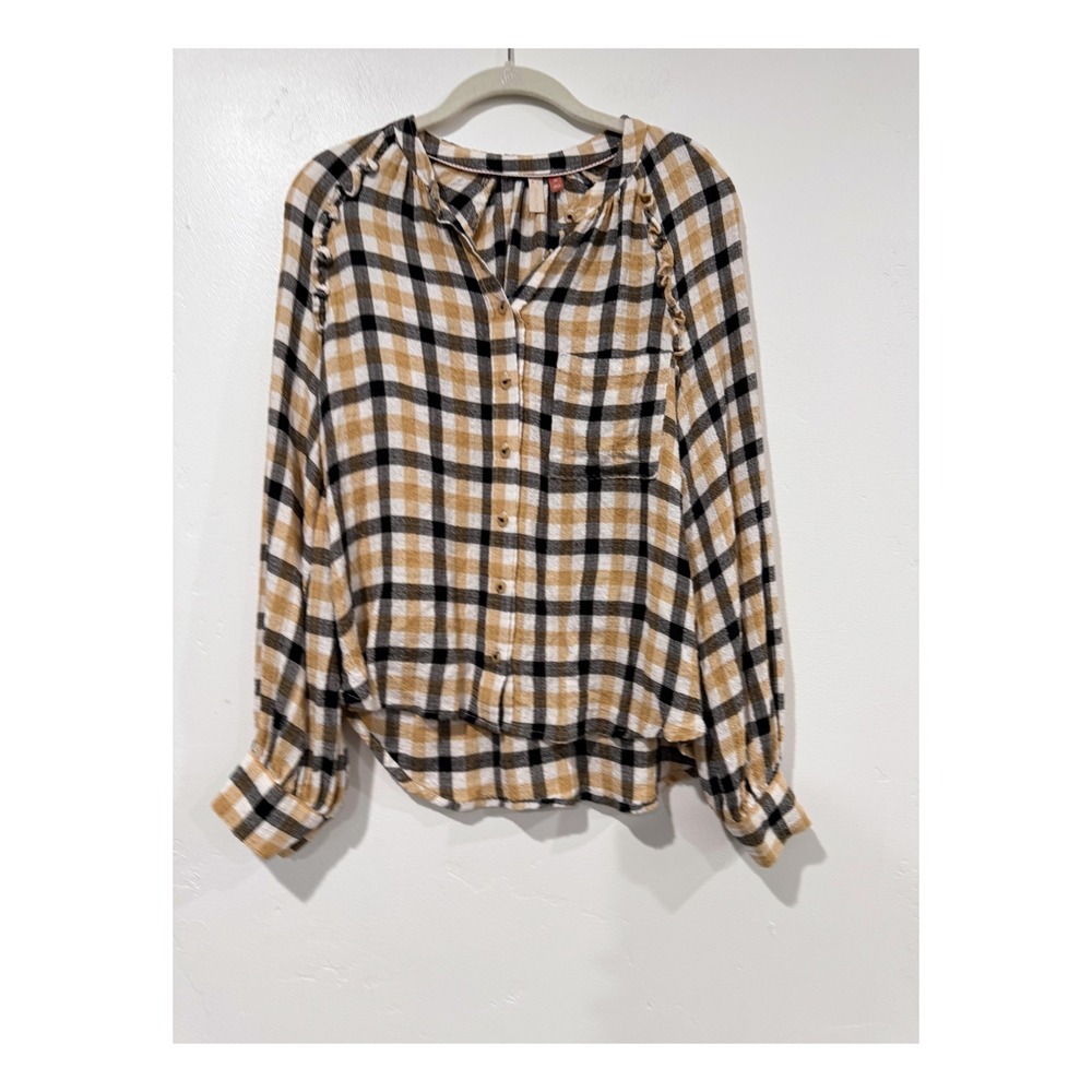 Pilcro Anthropologie Plaid Ruffle Shoulder Button Down Blouse Mustard Black XS